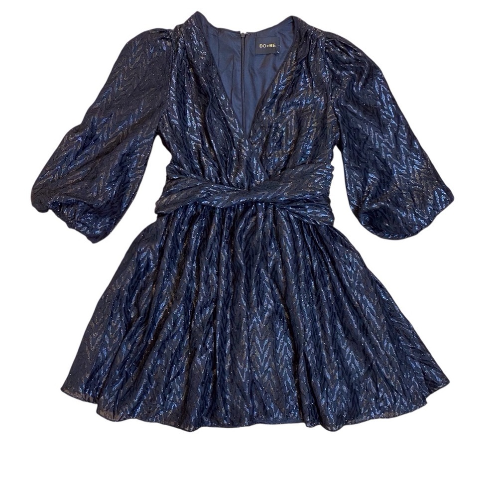 Do+Be Black Shimmer Puff Sleeve Wrap Mini Dress Size M Party Cocktail Holiday - Picture 8 of 12